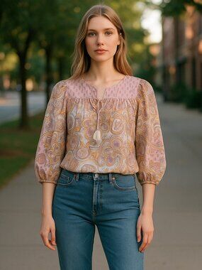 RACHEL ZOE Pink Paisley Print BOHO Style Peasant Top Ladies SMALL